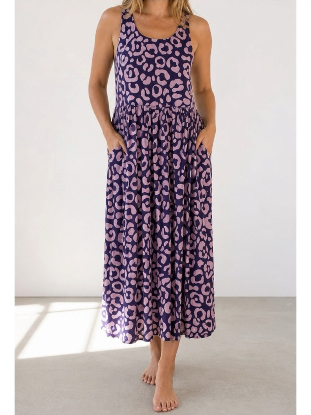 NOOWORKS Vacation Cotton Poplin Midi Dress, Cheetah Print, Small